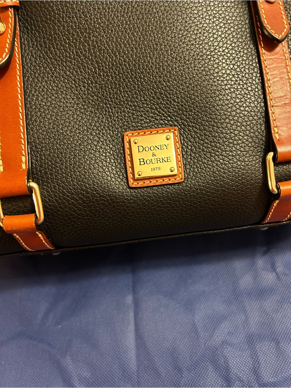 Dooney & Bourke Black Pebbled Leather Satchel with Brown Trim and Gold Hardware - Picture 10 of 16